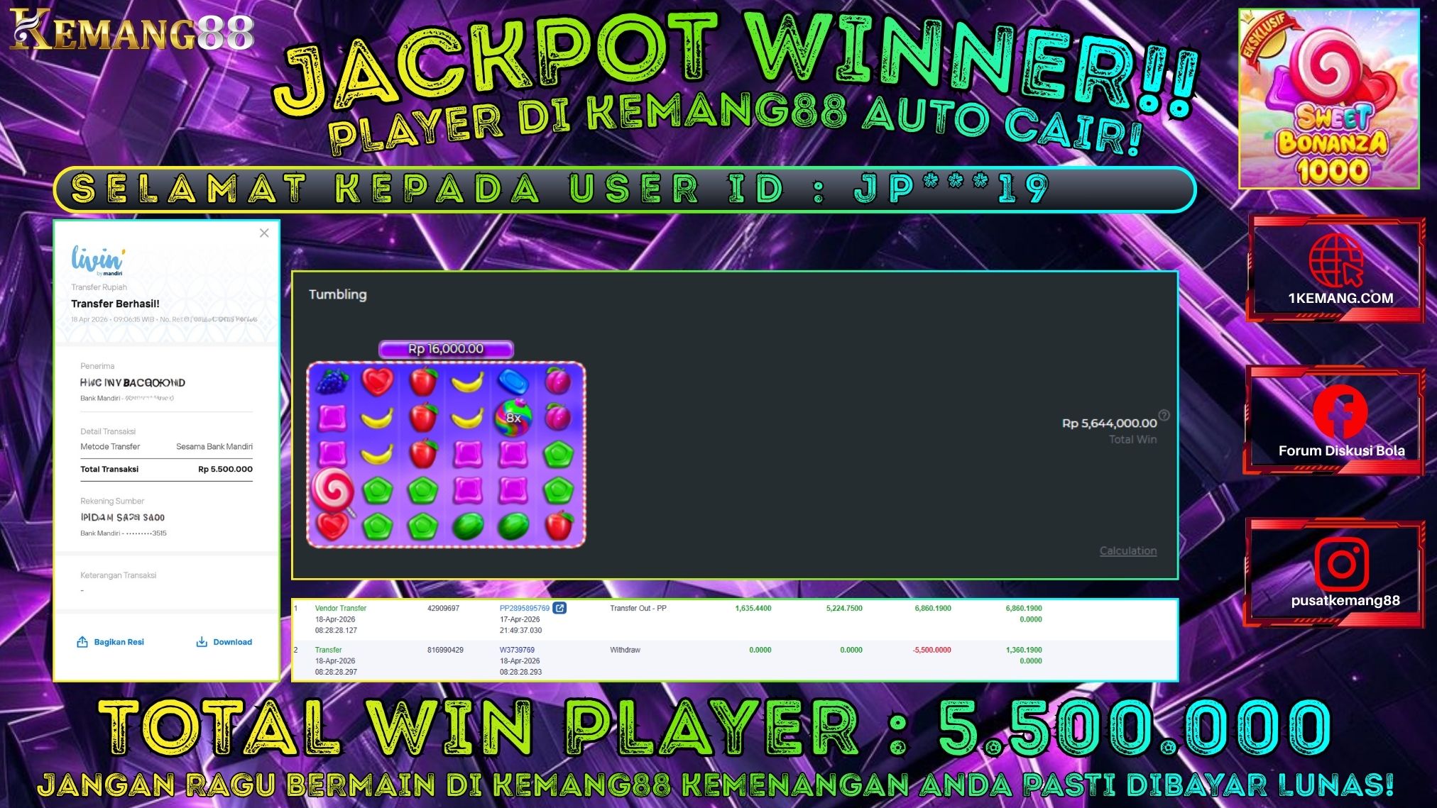 KEMANG88 [18 April 2026] : JACKPOT SLOT : SWEET BONANZA 1000 [PP] Rp. 5.500.000.,- LUNAS