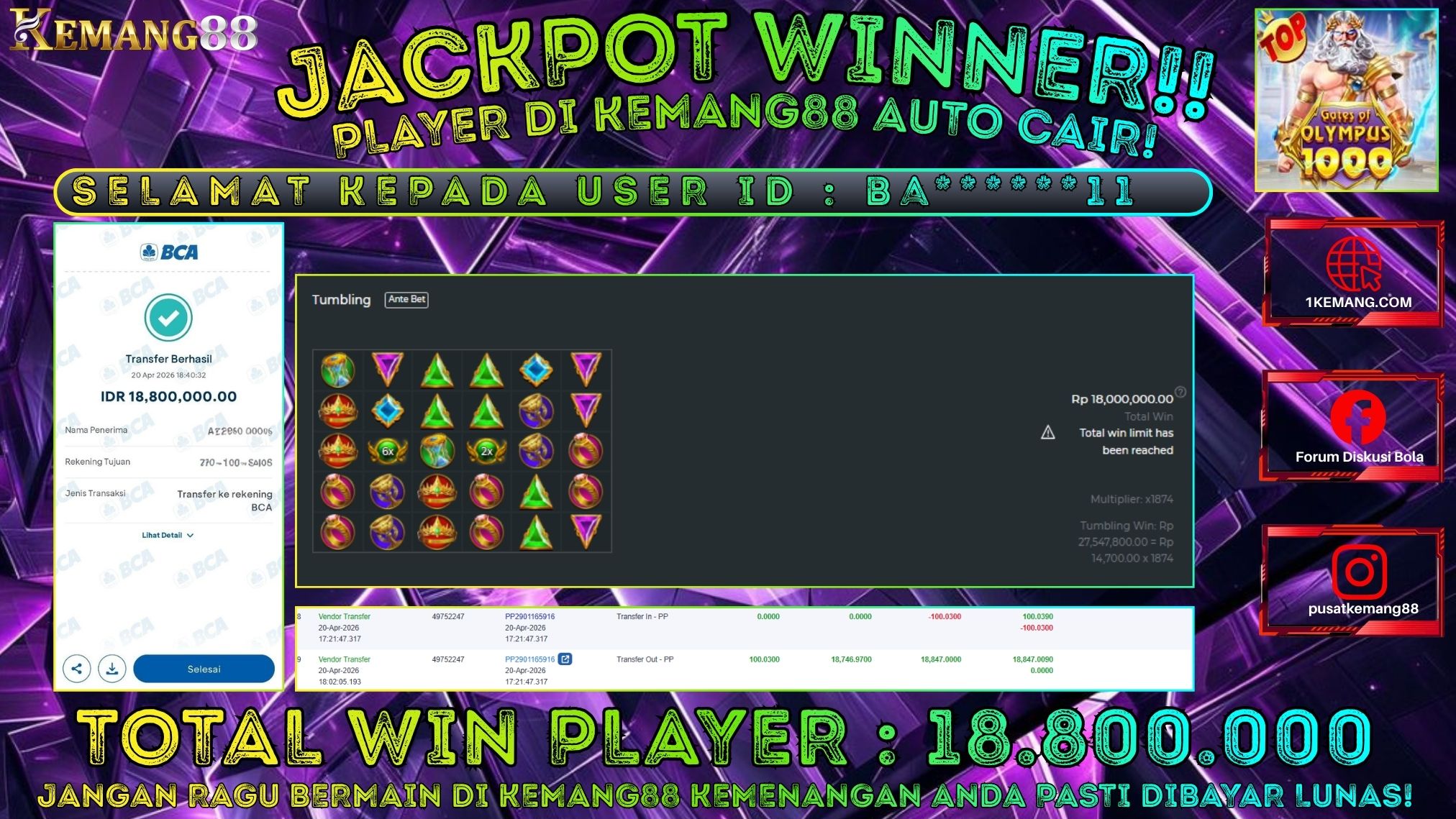 KEMANG88 [20 April 2026] : JACKPOT SLOT : GATES OF OLYMPUS 1000 [PP] Rp. 18.800.000.,- LUNAS