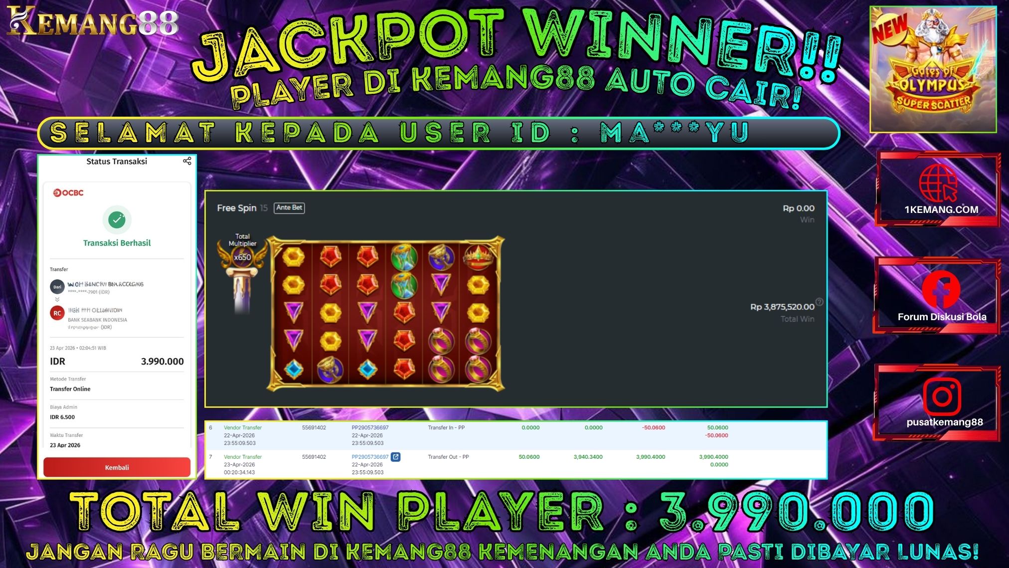 KEMANG88 [23 April 2026] : JACKPOT SLOT : GATES OF OLYMPUS SUPER SCATTER [PP] Rp. 3.990.000.,- LUNAS