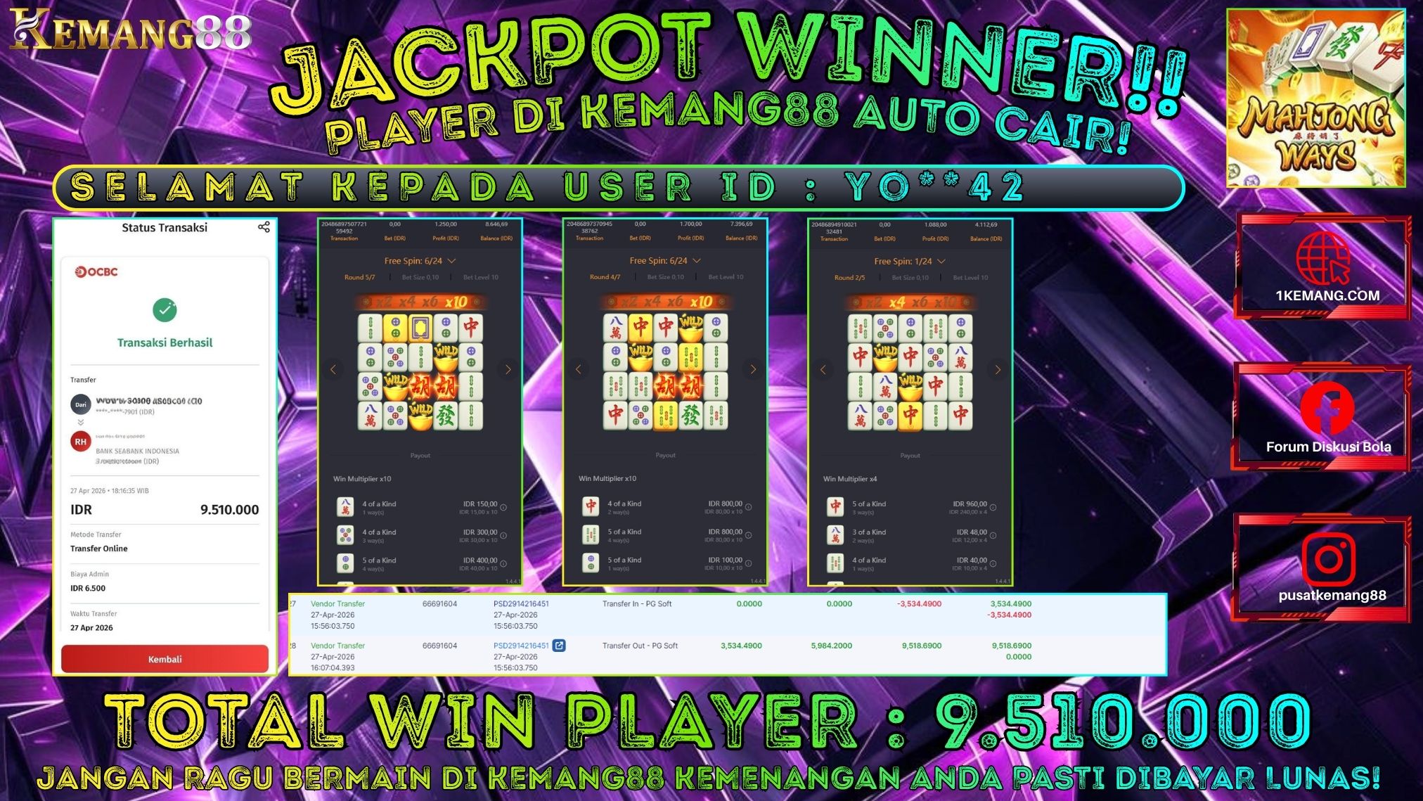 KEMANG88 [27 April 2026] : JACKPOT SLOT : MAHJONG WAYS 1 [PG] Rp. 9.510.000.,- LUNAS