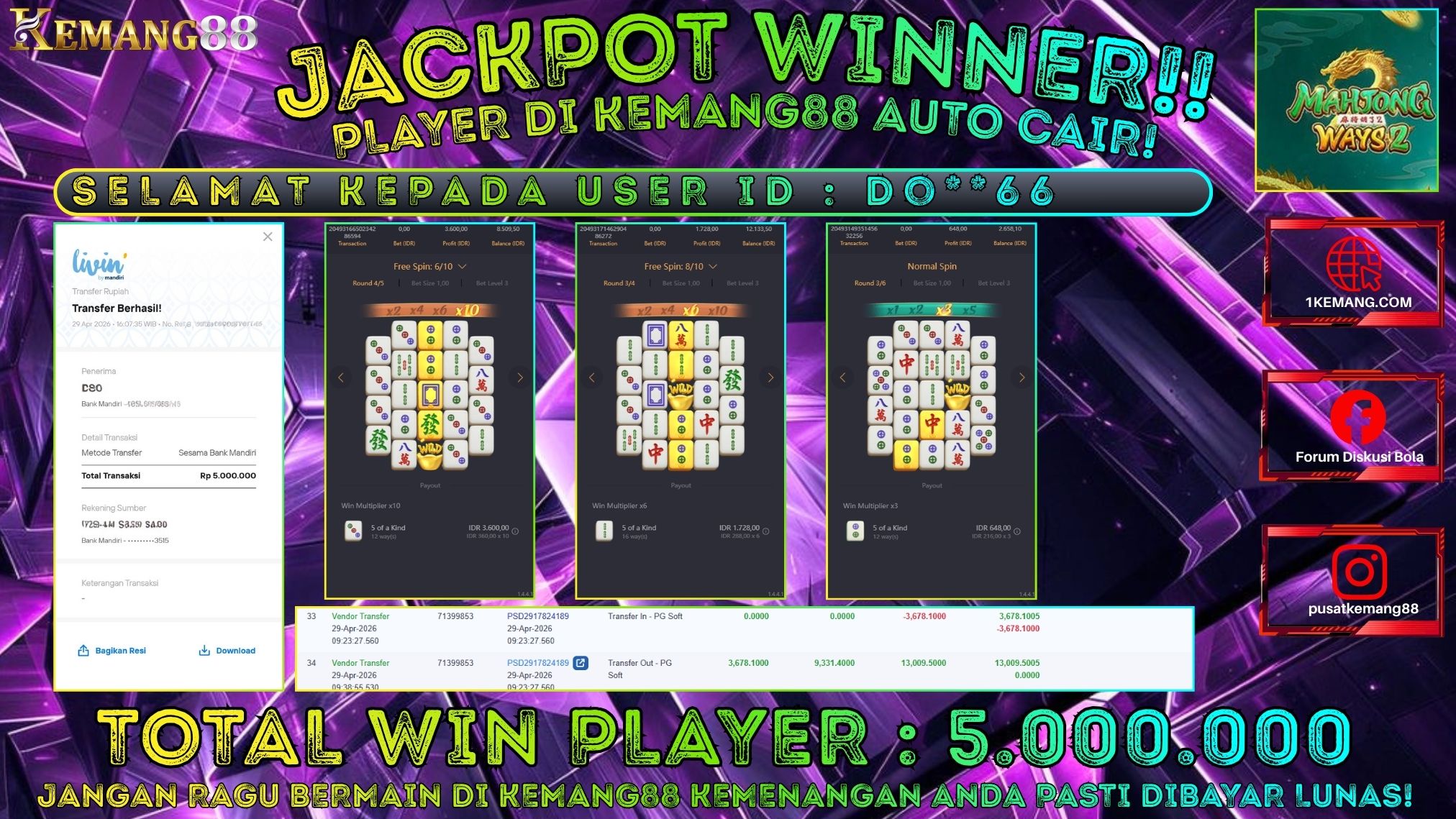 KEMANG88 [29 April 2026] : JACKPOT SLOT : MAHJONG WAYS 2 [PG] Rp. 5.000.000.,- LUNAS [3]