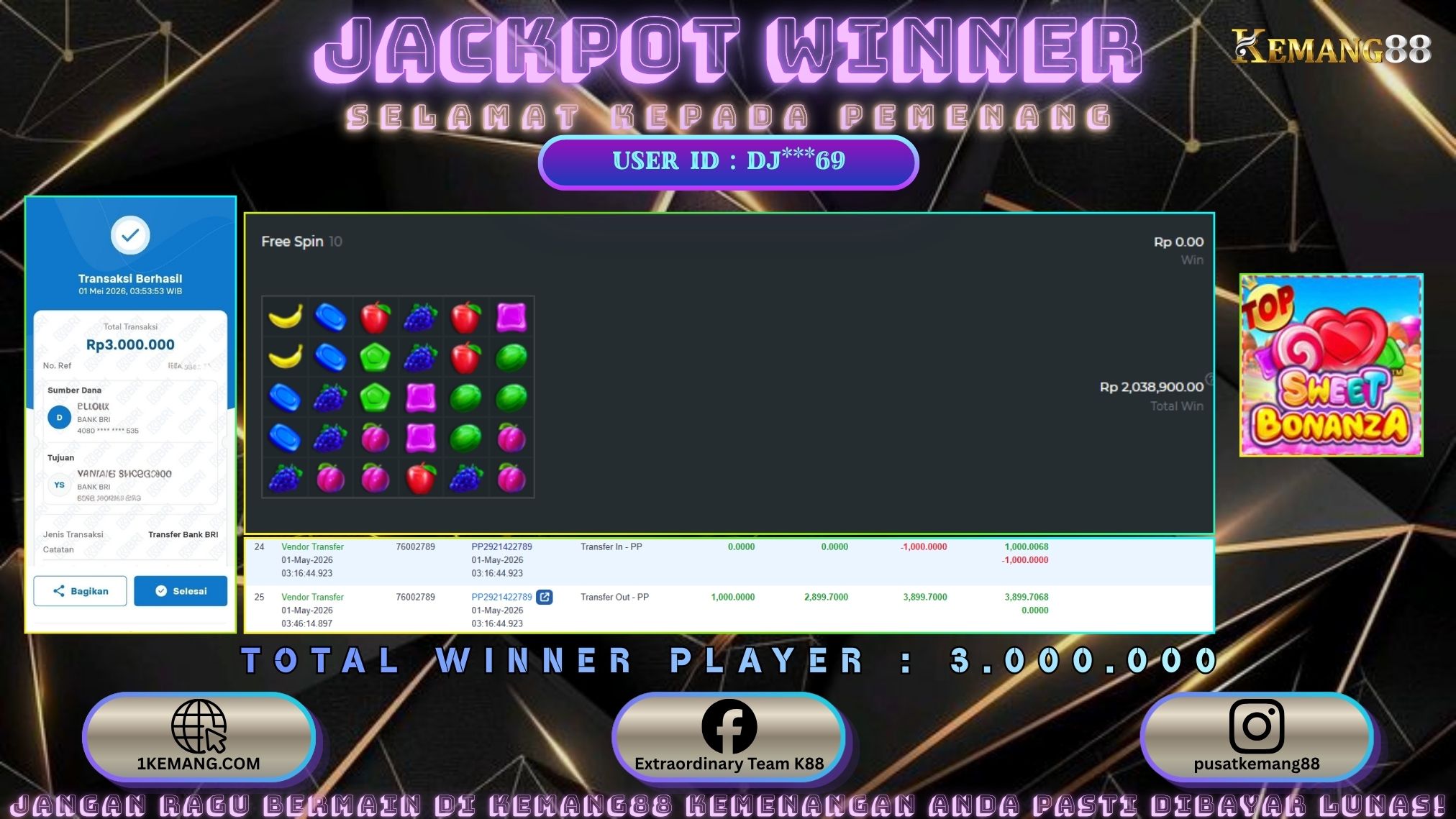 KEMANG88 [01 Mei 2026] : JACKPOT SLOT : SWEET BONANZA [PP] Rp. 3.000.000.,- LUNAS