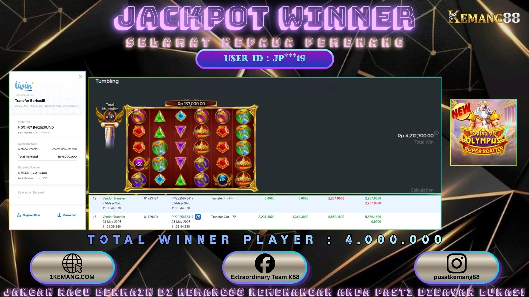 KEMANG88 [03 Mei 2026] : JACKPOT SLOT : GATES OF OLYMPUS SUPER SCATTER [PP] Rp. 4.000.000.,- LUNAS