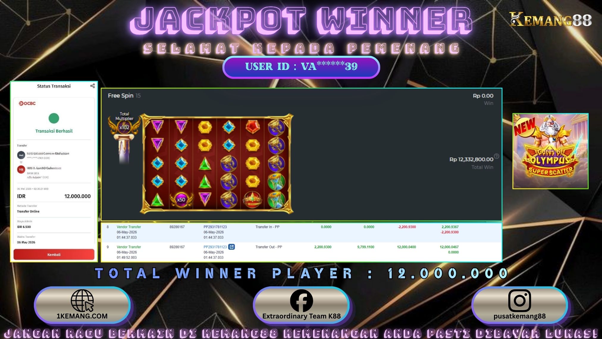 KEMANG88 [06 Mei 2026] : JACKPOT SLOT : GATES OF OLYMPUS SUPER SCATTER [PP] Rp. 12.000.000.,- LUNAS