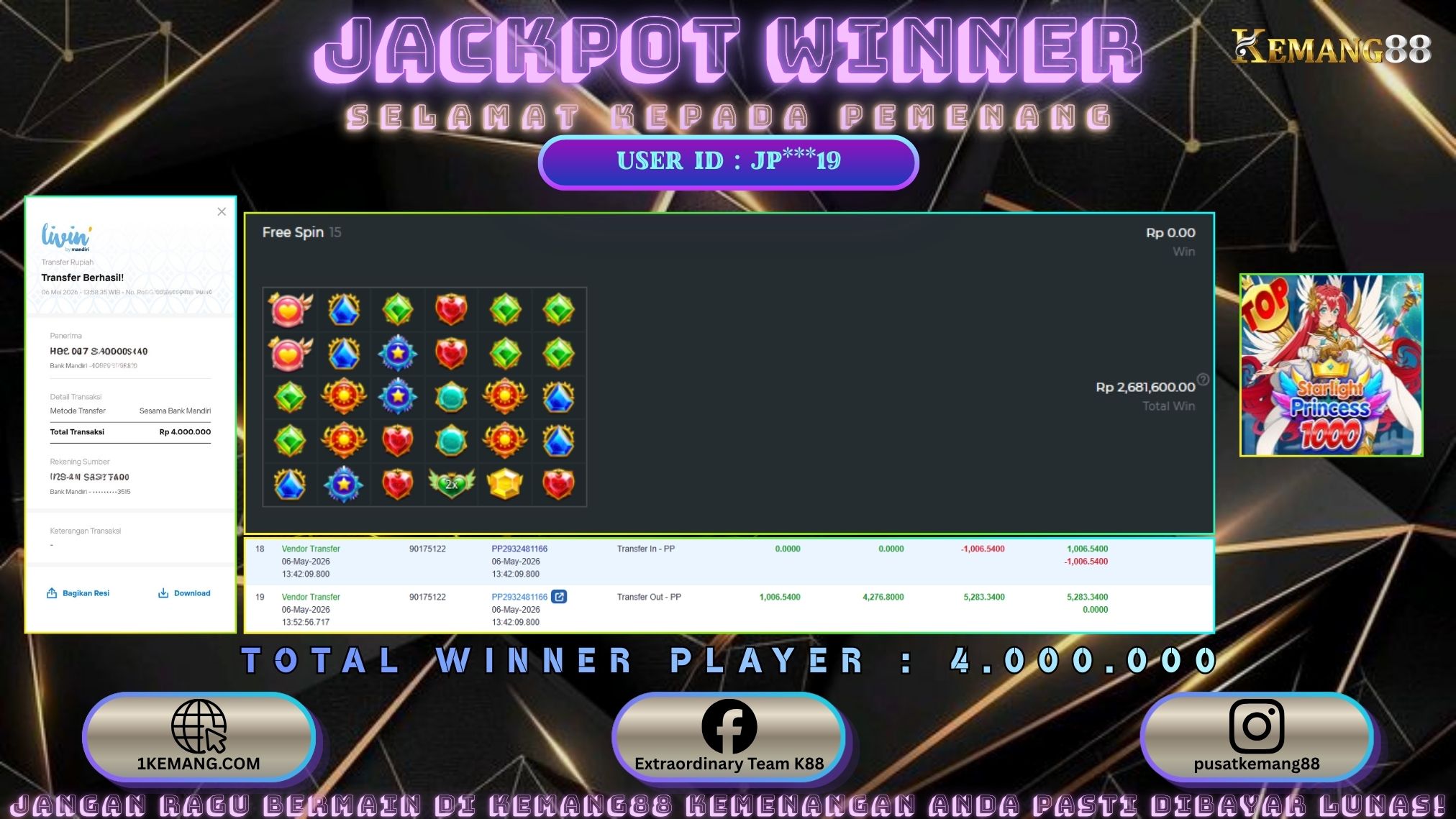 KEMANG88 [06 Mei 2026] : JACKPOT SLOT : STARLIGHT PRINCESS 1000 [PP] Rp. 4.000.000.,- LUNAS