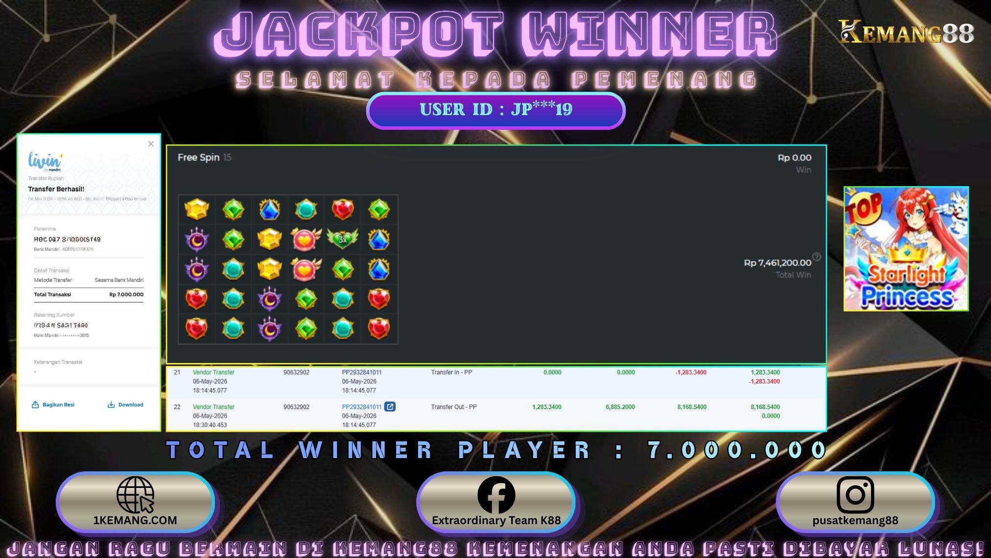 KEMANG88 [06 Mei 2026] : JACKPOT SLOT : STARLIGHT PRINCESS [PP] Rp. 7.000.000.,- LUNAS