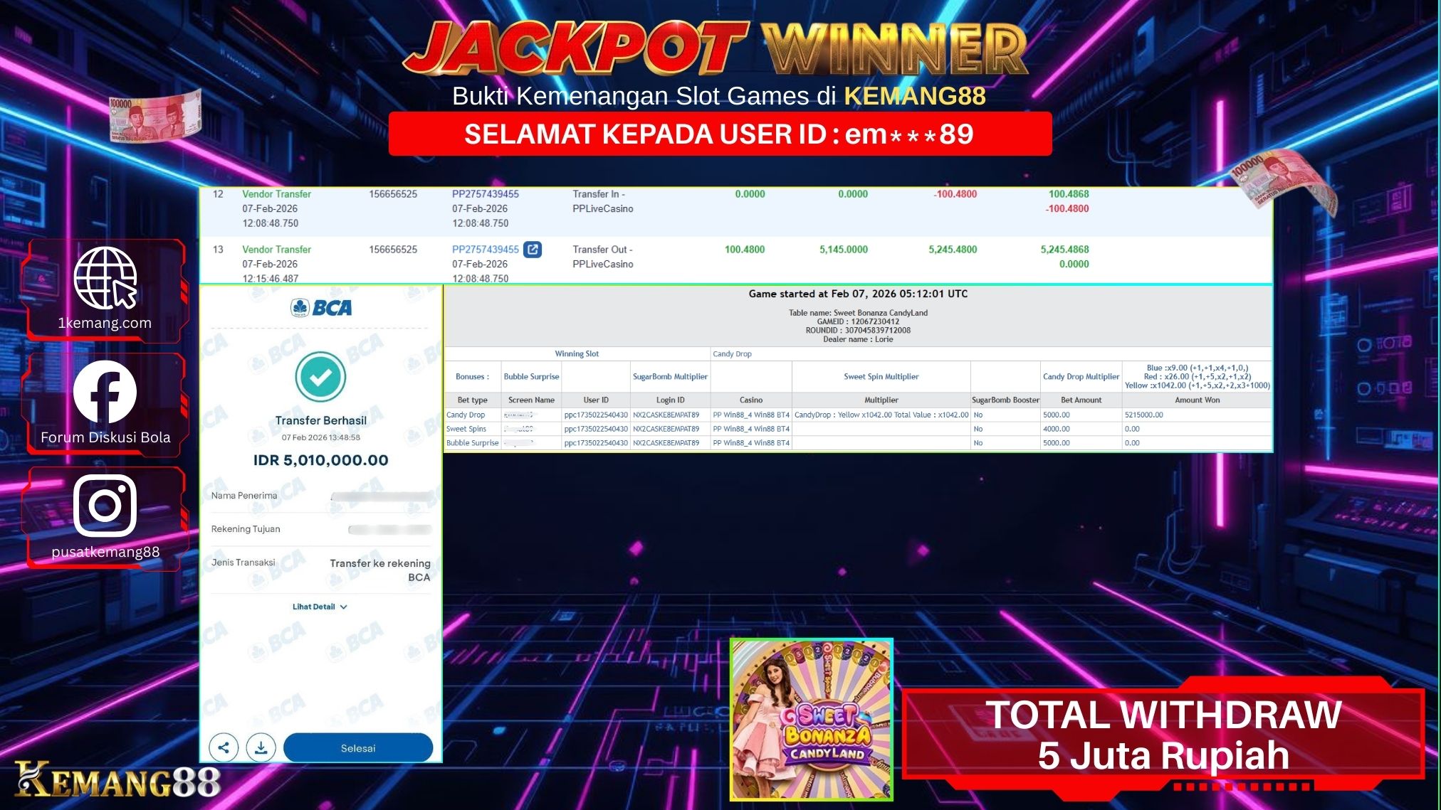 KEMANG88 [07 February 2026] : JACKPOT SLOT : SWEET BONANZA CANDYLAND [LIVECASINO] Rp. 5.010.000.,- LUNAS