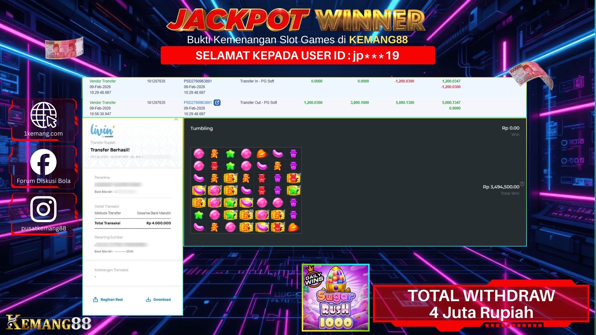 KEMANG88 [09 February 2026] : JACKPOT SLOT : SUGAR RUSH 1000 [PP] Rp. 4.000.000.,- LUNAS