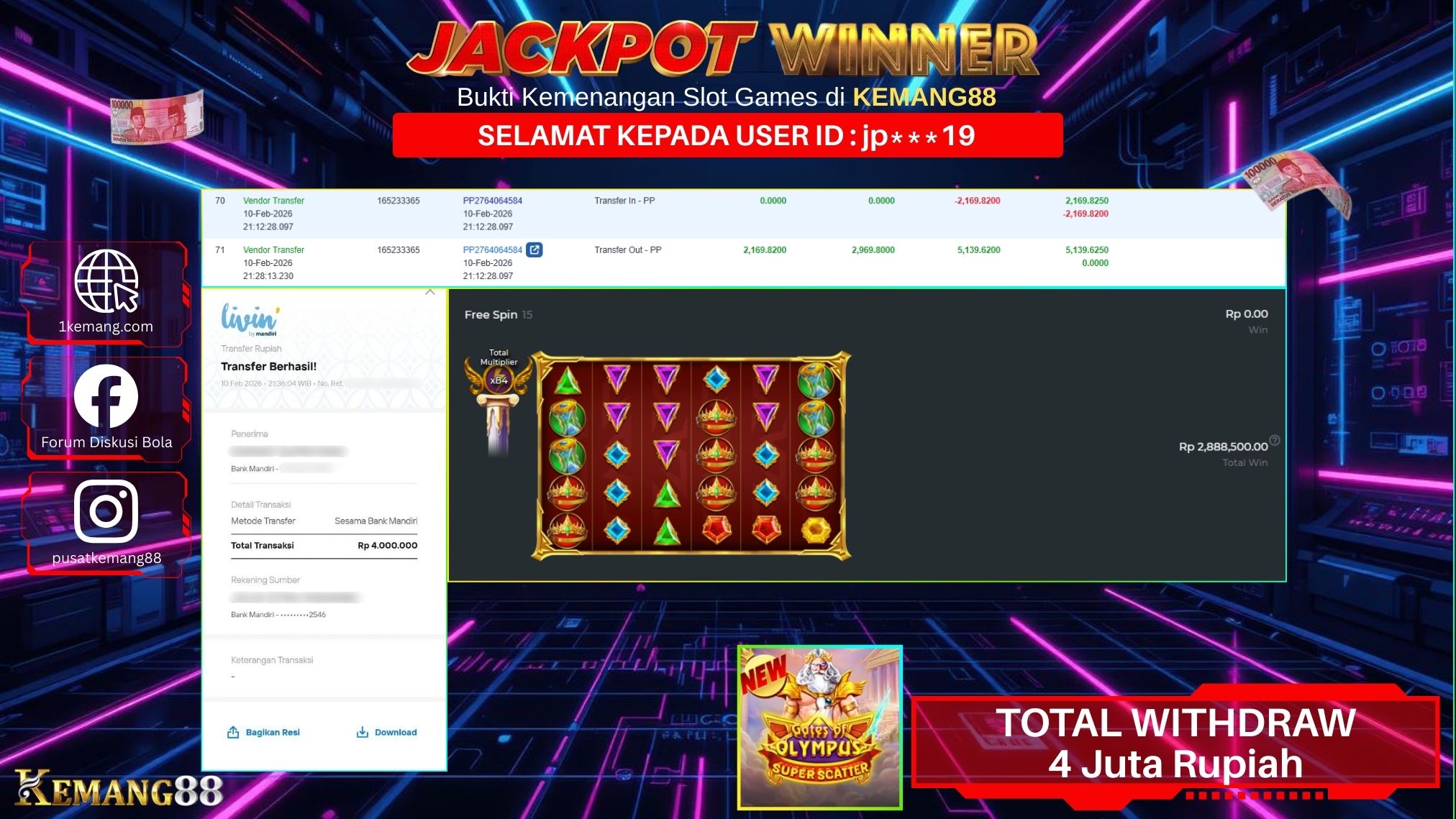 KEMANG88 [10 February 2026] : JACKPOT SLOT : GATES OF OLYMPUS SUPER SCATTER [PP] Rp. 4.000.000.,- LUNAS