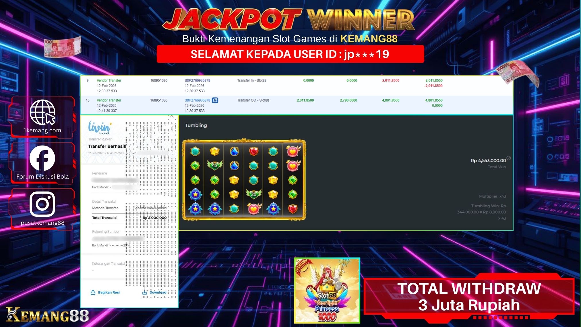 KEMANG88 [12 February 2026] : JACKPOT SLOT : STARLIGHT PRINCESS 1000 [SLOT88] Rp. 3.000.000.,- LUNAS [2]