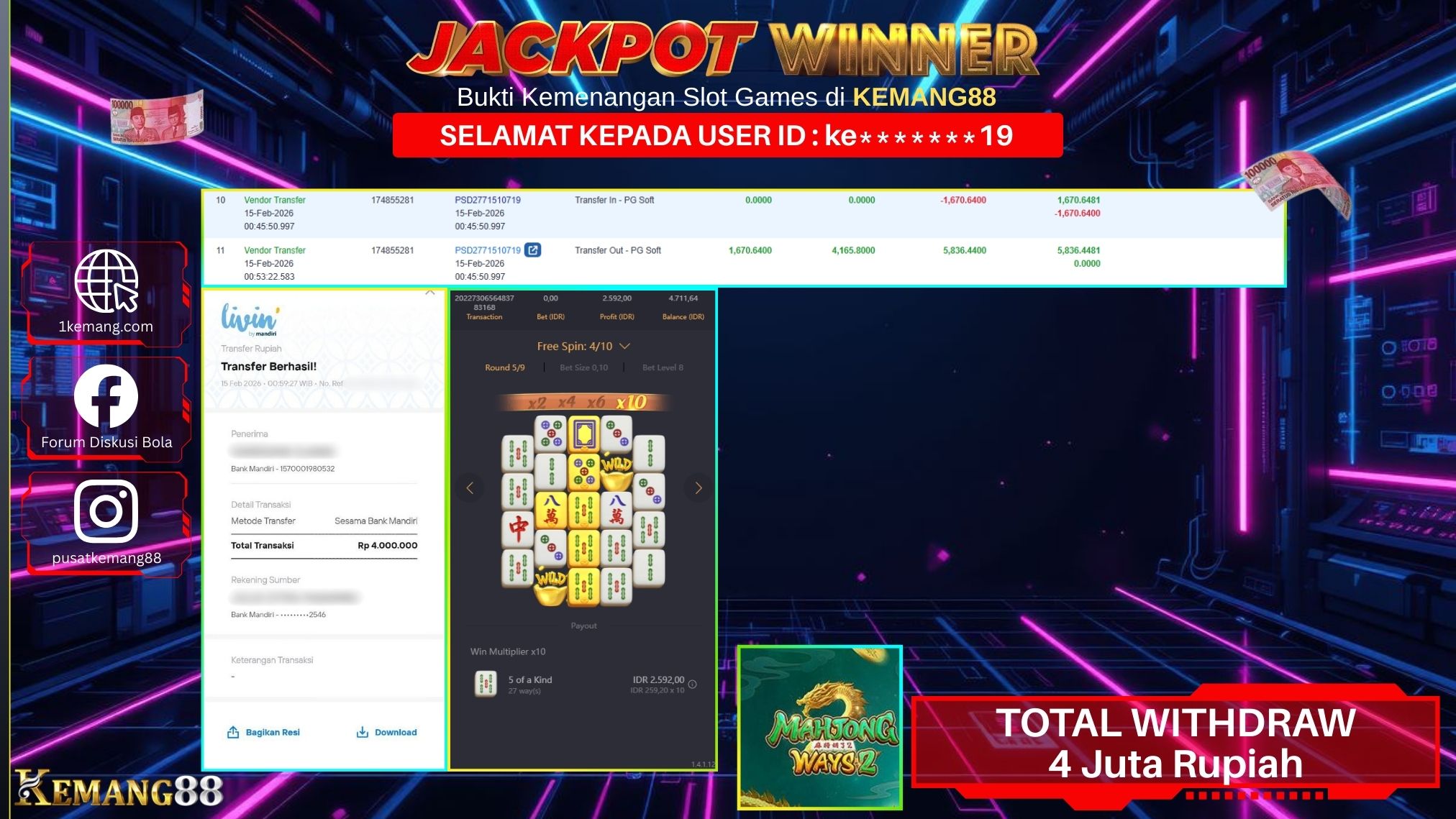 KEMANG88 [15 February 2026] : JACKPOT SLOT : MAHJONG WAYS 2 [PG] Rp. 4.000.000.,- LUNAS